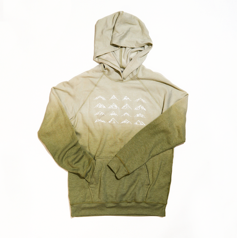 Unisex 16 Mountains Upcycled Hoodie in Olive Ombre (Medium)